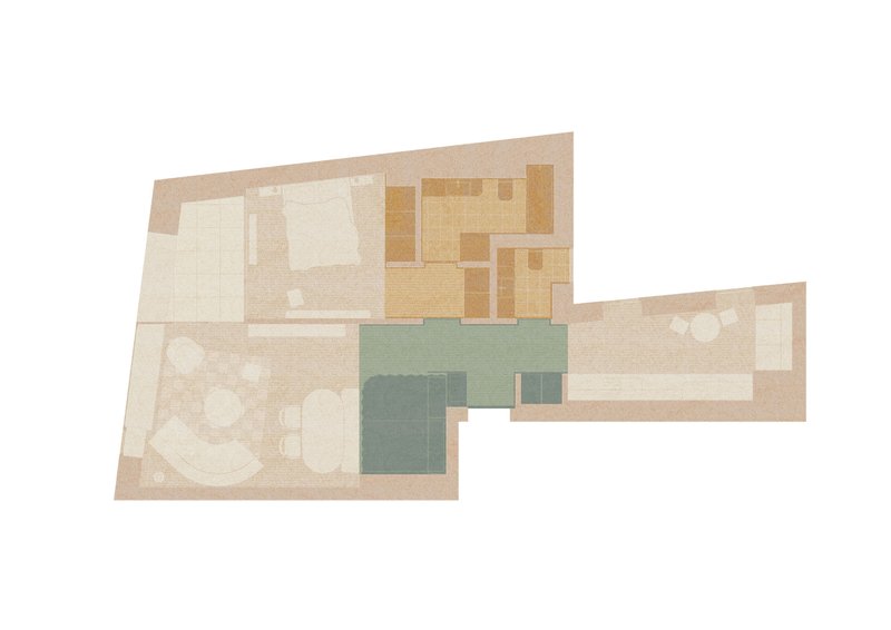 Floor plan drawing showing an angular layout with a central green zone and timber finishes