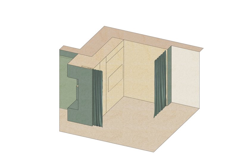 Axonometric drawing showing a compact room with pleated green panels and geometric openings in the ceiling