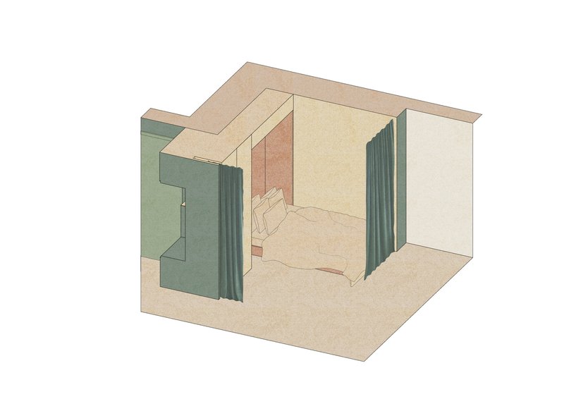 Axonometric drawing showing a figure descending the staircase into the room with pleated green curtains