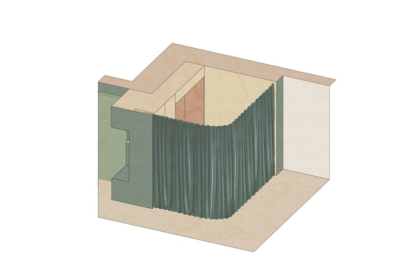 Axonometric drawing showing the room fully enclosed by curved pleated green screens wrapping the interior