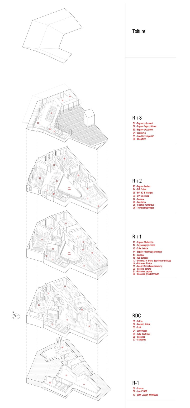 Axonometric drawing showing five stacked floor plans with labeled program areas