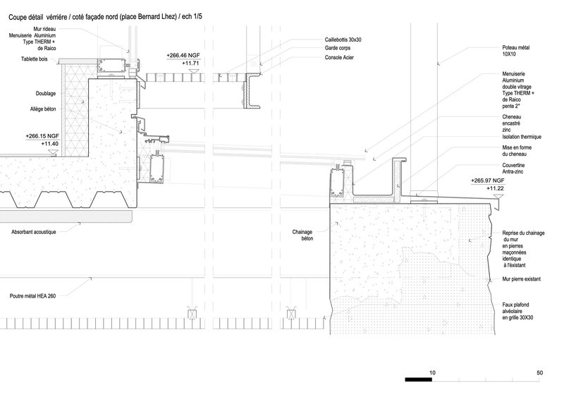 Detail section drawing of north facade showing aluminum cladding, insulation layers, and acoustic absorber at base