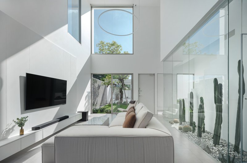 Double-height living room with glass courtyard separating cacti garden from interior seating under afternoon sunlight