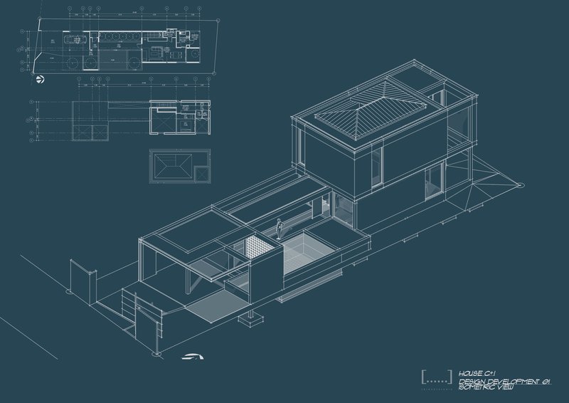 Axonometric drawing showing two-story residence with courtyard and rooftop solar panels