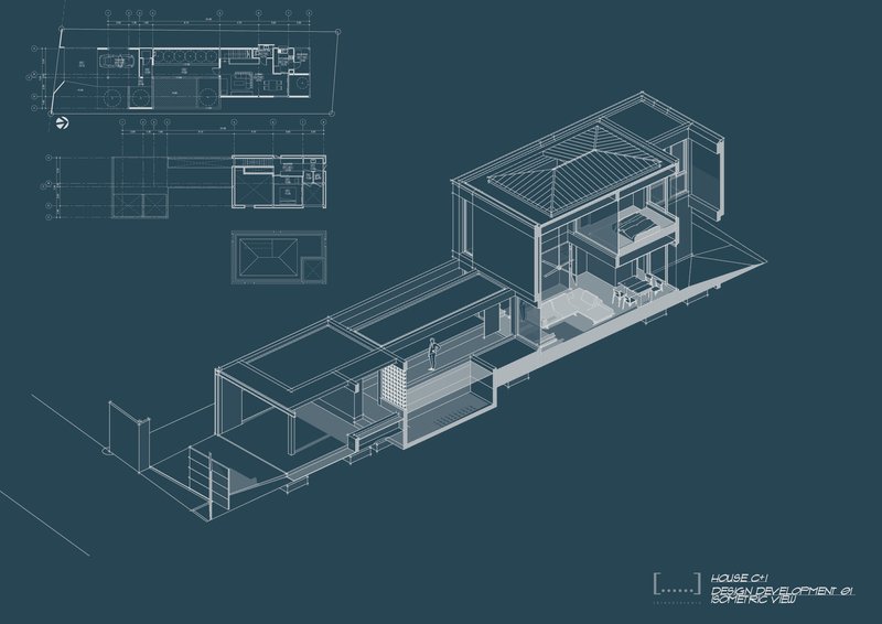 Axonometric drawing revealing interior spatial relationships between living areas and upper bedroom volume