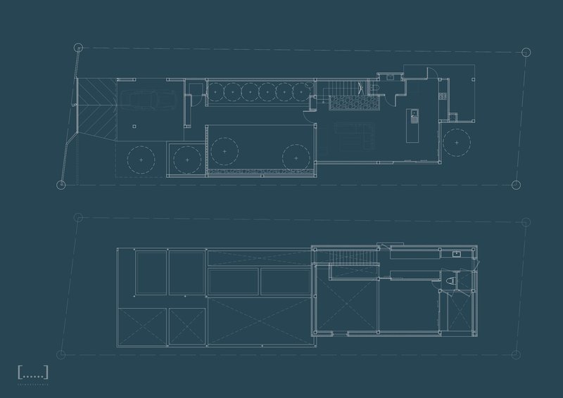 Elevation drawings showing street facade and longitudinal section through the residence