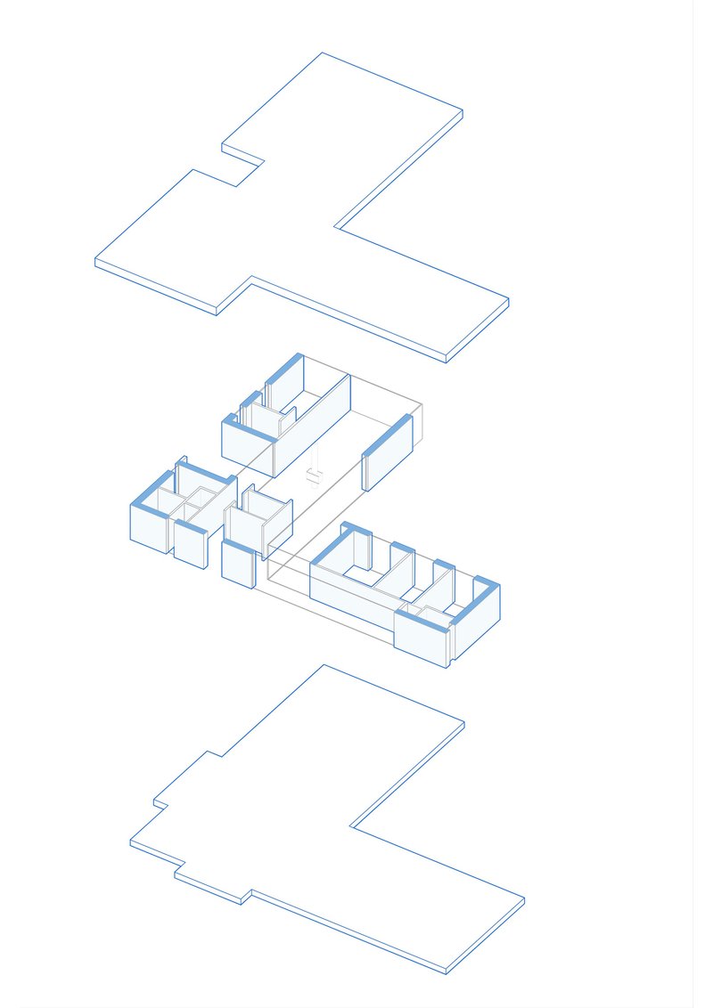 Exploded axonometric drawing showing three floor plates separated from a central level with interior room divisions