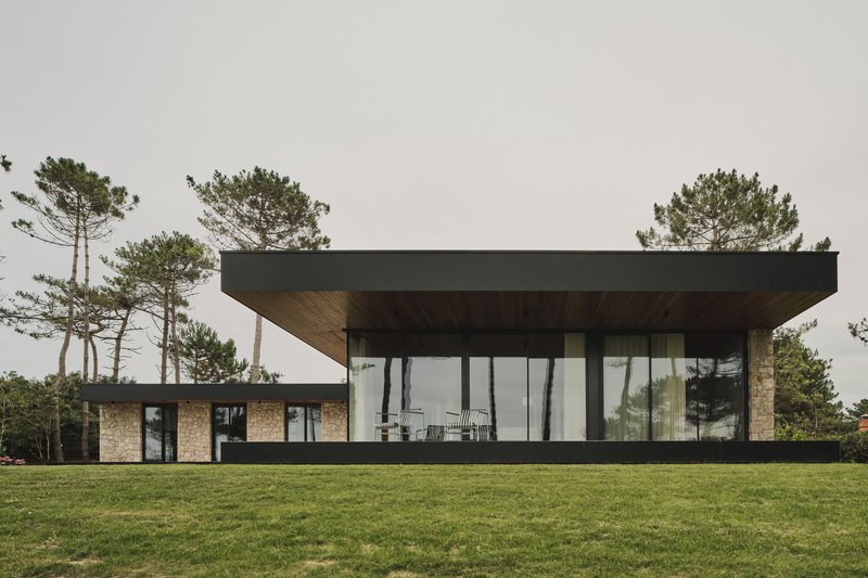 Rear elevation showing the cantilevered roof, full-height glazing and timber soffit facing the lawn