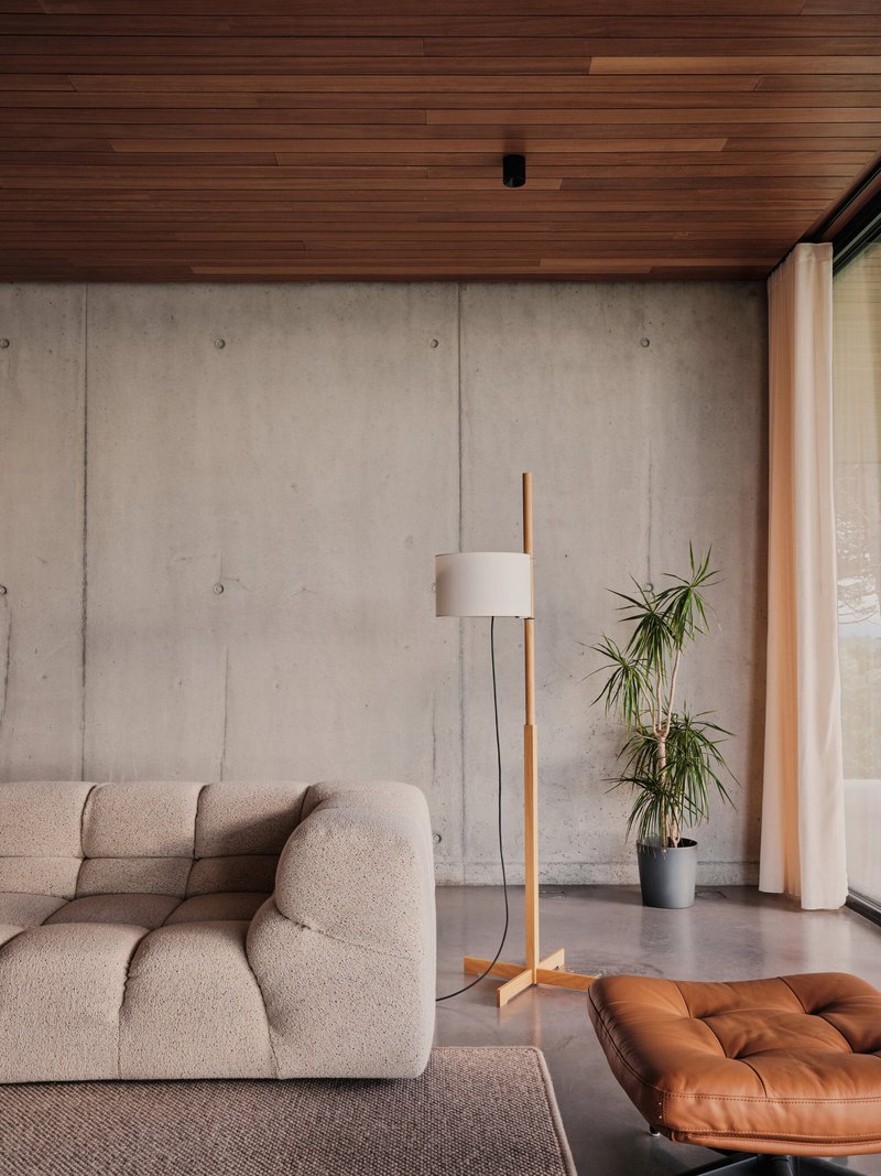 Corner detail showing exposed concrete wall with formwork ties beside a potted plant