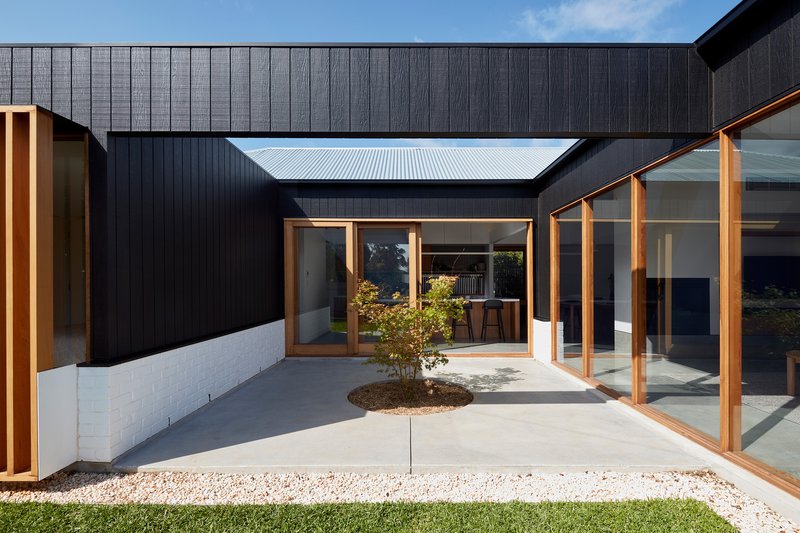 Interior courtyard with concrete paving, a planted tree and timber framed openings under a blue sky