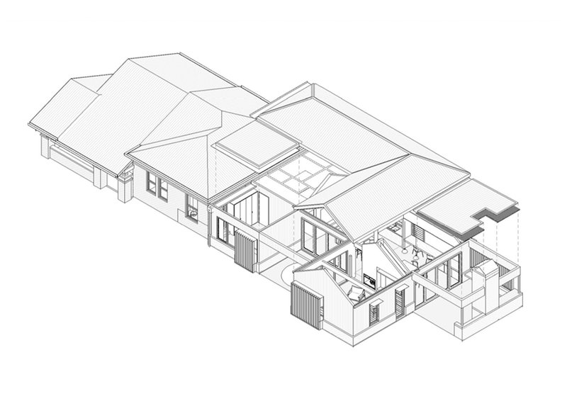Axonometric cutaway drawing revealing interior rooms and gabled roof volumes