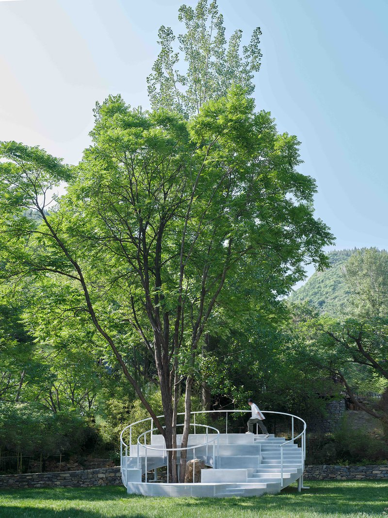 Distant view of the circular structure nestled in the lawn with hillside forest beyond