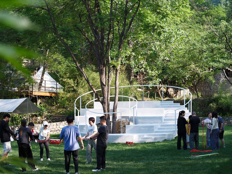 Circular white platform with integrated stairs wrapping around tree trunks under dappled sunlight