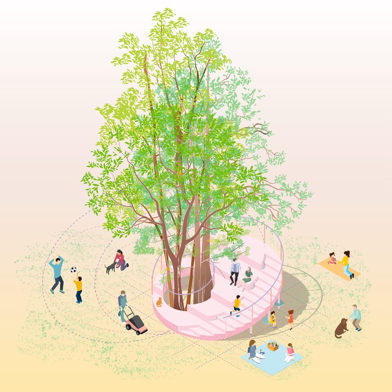 Axonometric drawing showing a spiral structure encircling a tree with people scattered across a lawn