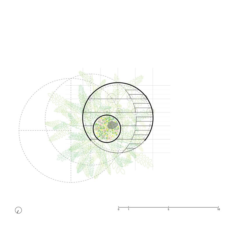 Plan drawing showing concentric circular platforms with stairs and a central planted core