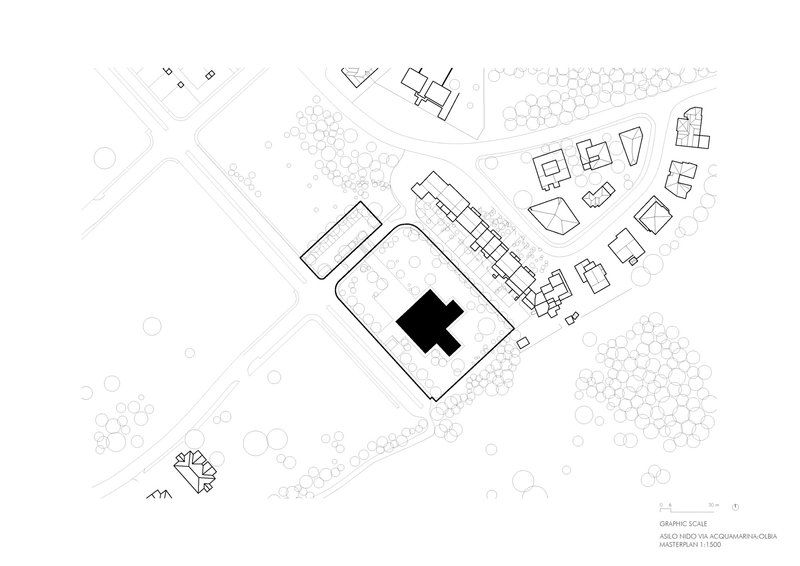 Site plan drawing showing a central building with curved edges surrounded by landscaping and neighboring structures