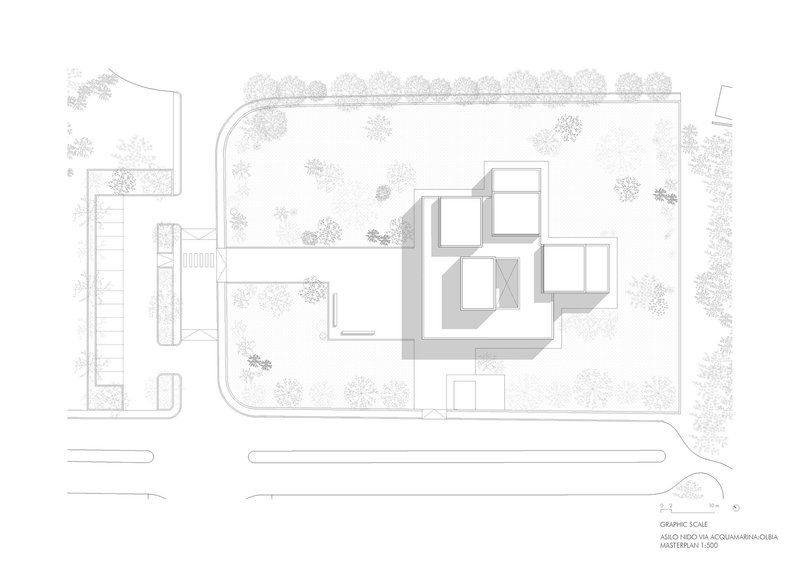 Site plan drawing depicting a cluster of cubic volumes within a tree-lined plot