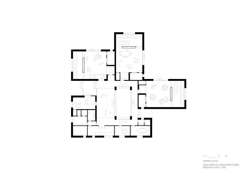 Ground floor plan drawing showing interconnected rooms arranged around a central courtyard space