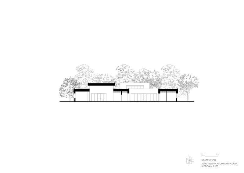 Section drawing illustrating flat-roofed volumes at varying heights behind a tree line