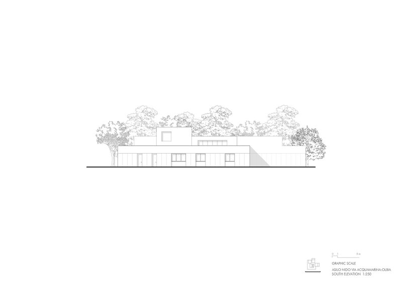 Elevation drawing showing a low horizontal volume with flat roofs and surrounding tree canopies