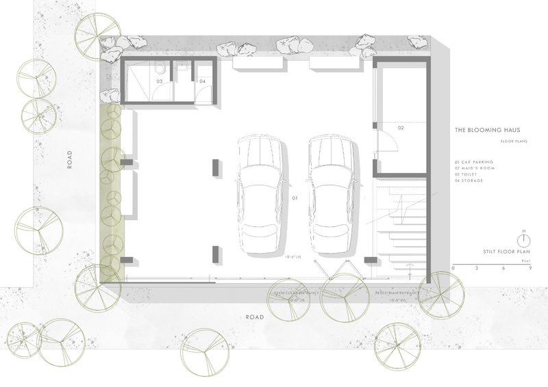 Basement floor plan drawing showing a double car parking space with storage and staircase access