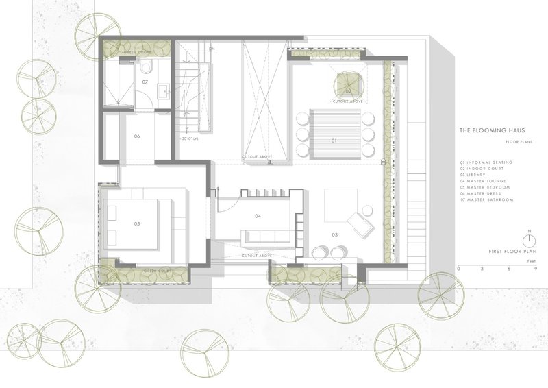 First floor plan drawing showing bedrooms and a long exterior terrace with planting