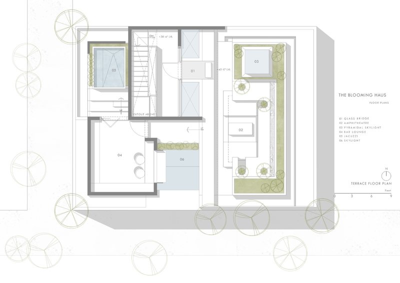 Terrace floor plan showing interior rooms and a long planted terrace with trees
