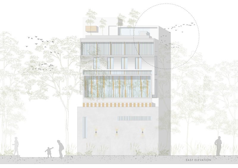 East elevation drawing showing vertical slat screens and planted terraces with figures at street level