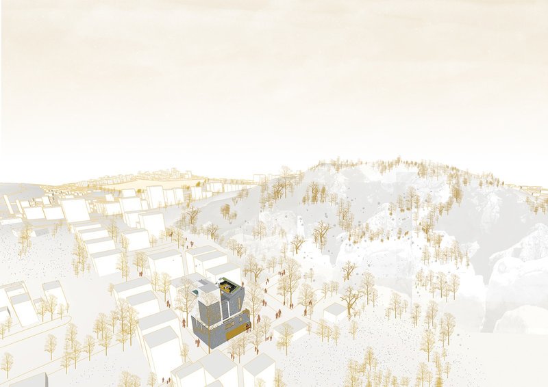 Axonometric drawing showing a dark volume at the edge of a residential neighborhood and forested hillside