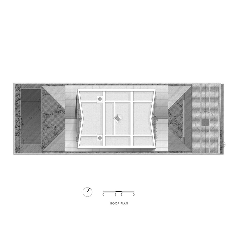 Roof plan revealing angular skylight geometry and surrounding landscaped terraces