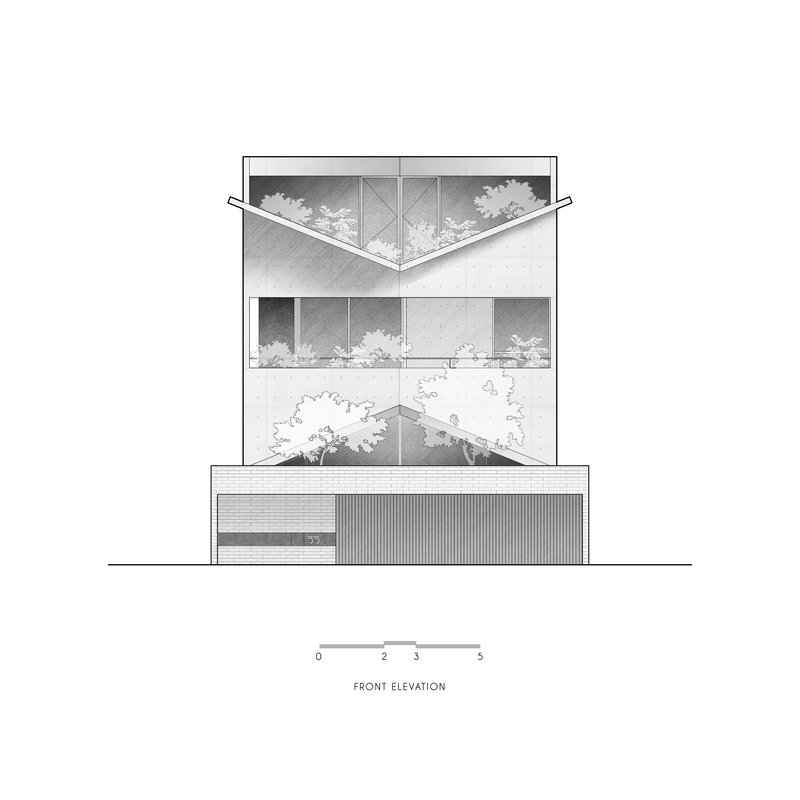 Front elevation drawing showing layered floors with planted terraces and brick base