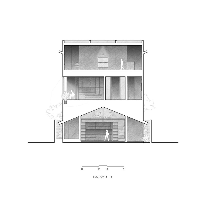 Section drawing showing three-story volume with staircase and gabled entrance at ground level