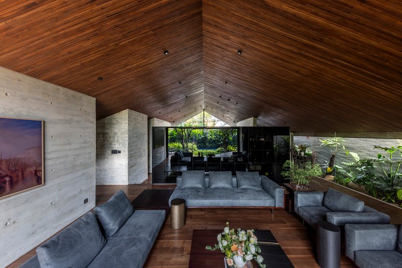 Living room with pitched timber ceiling and board-formed concrete walls framing a courtyard view