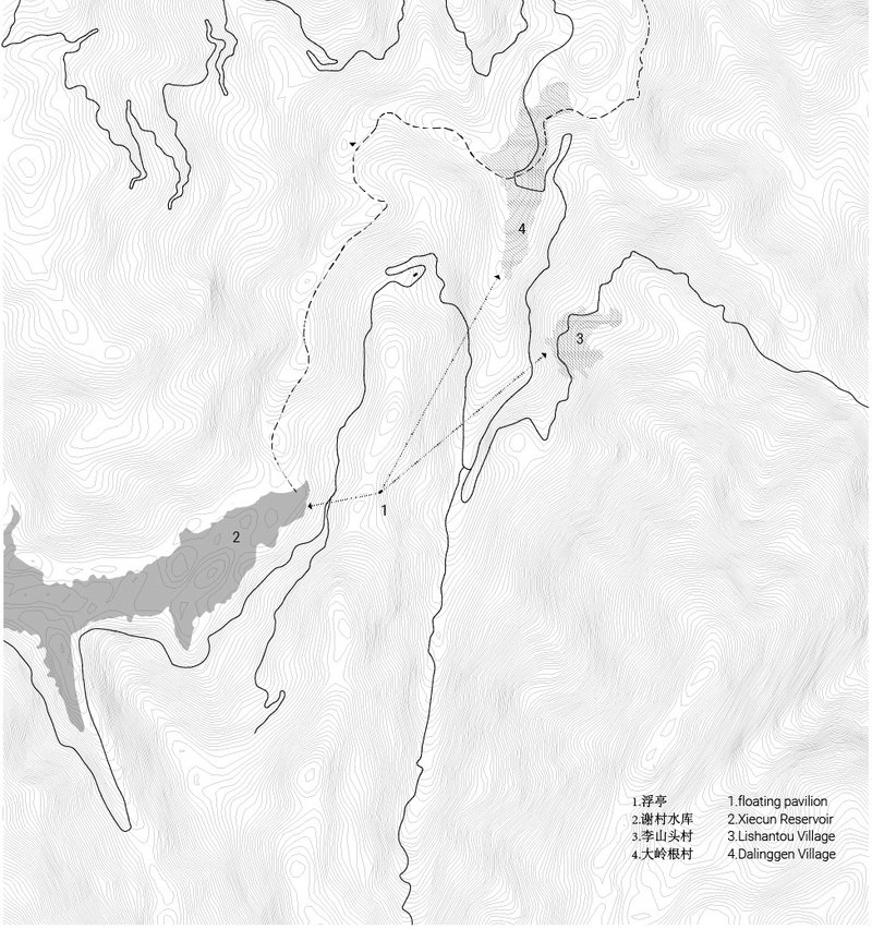 Topographic site plan drawing with contour lines indicating a reservoir, villages, and a floating pavilion location