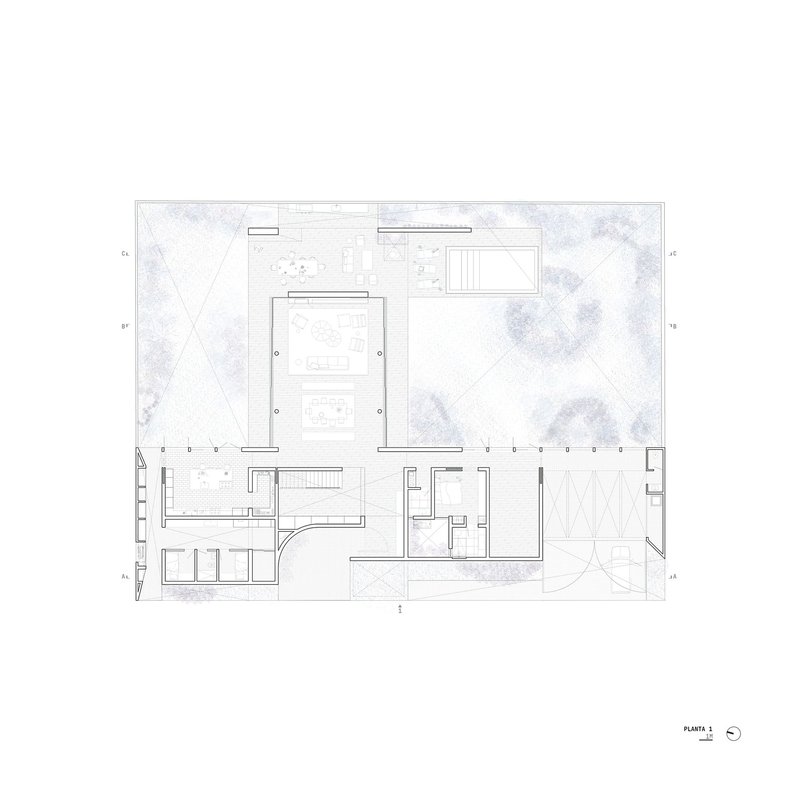 Floor plan drawing showing interior rooms and two courtyard spaces with diagonal paving patterns