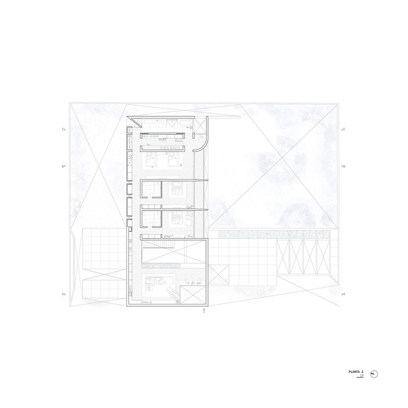 Floor plan drawing showing a linear arrangement of rooms adjacent to triangular outdoor courtyards