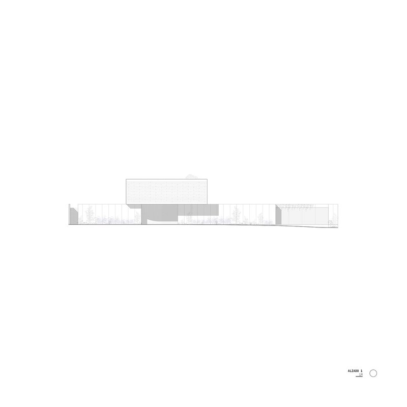 Elevation drawing showing a low horizontal composition with a central raised volume and flanking wings