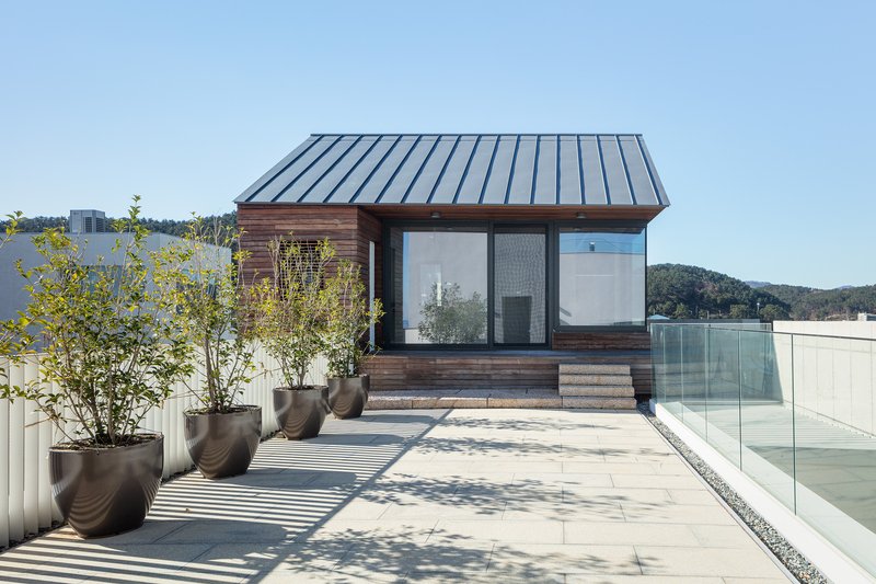 Timber-clad pavilion with standing seam metal roof on a rooftop terrace with glass balustrade