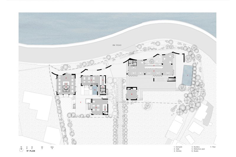 Site plan drawing showing scattered pavilions with pools and landscaped paths leading to the rim road