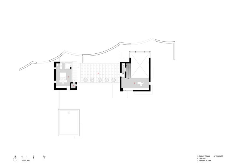 Third floor plan drawing showing guest quarters and library pavilion connected by a covered bridge