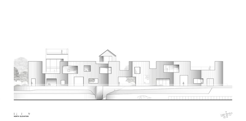 North elevation drawing showing the fragmented white volumes stepped across a sloping site with trees