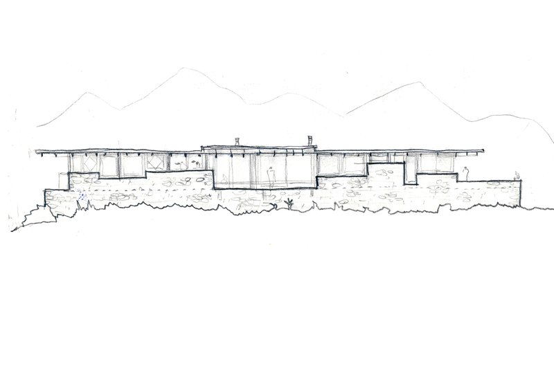 Elevation sketch showing horizontal residence with flat roof beneath mountain ridgeline