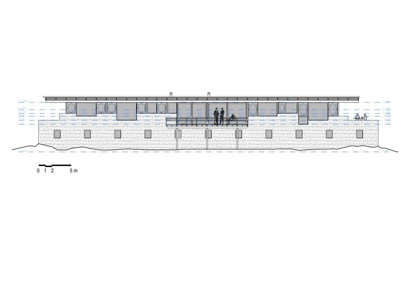 Elevation drawing showing stone base wall with column supports beneath glazed upper volume