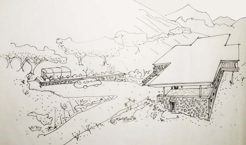 Perspective sketch showing a horizontal volume cantilevering over a textured stone base with surrounding trees and mountains