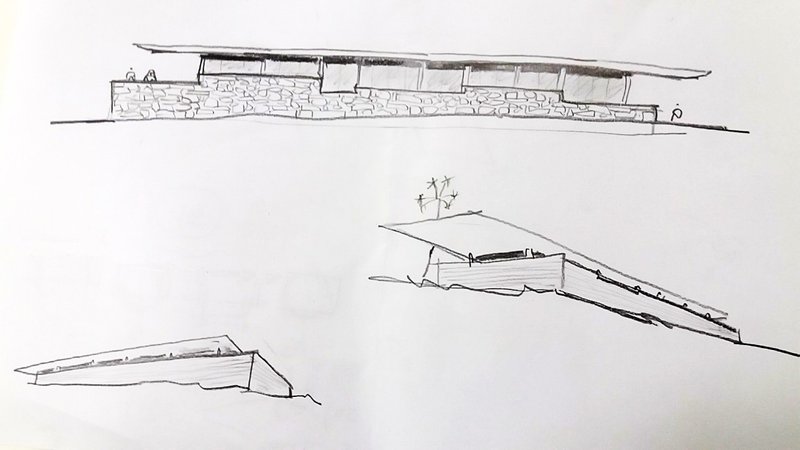 Elevation and section sketches depicting a low structure integrated into sloping terrain with thin planar roof