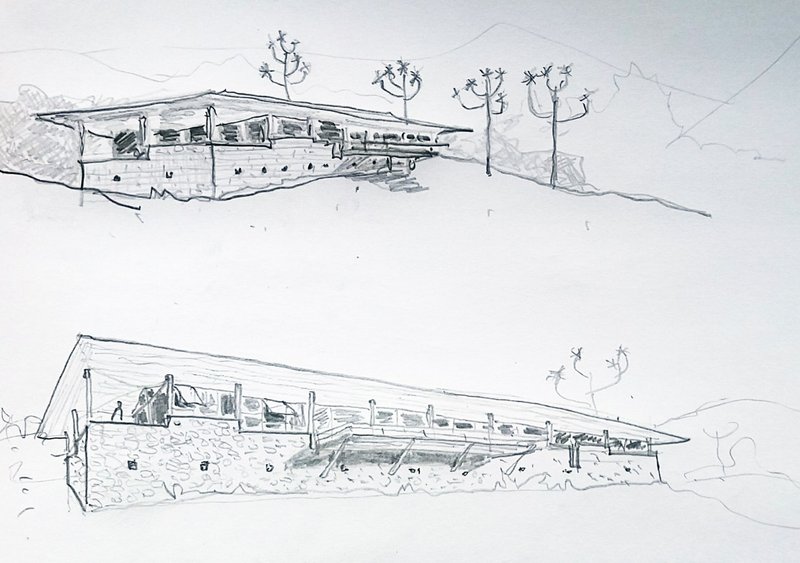Perspective sketches of the stone and glass pavilion with overhanging roof from two different viewpoints