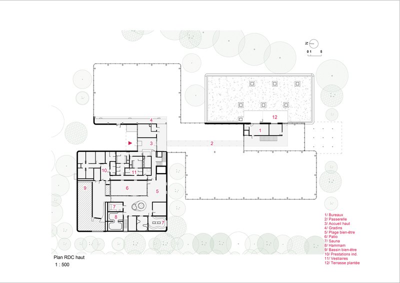 Upper level plan drawing showing dispersed rectangular volumes with interior divisions and adjacent landscape elements