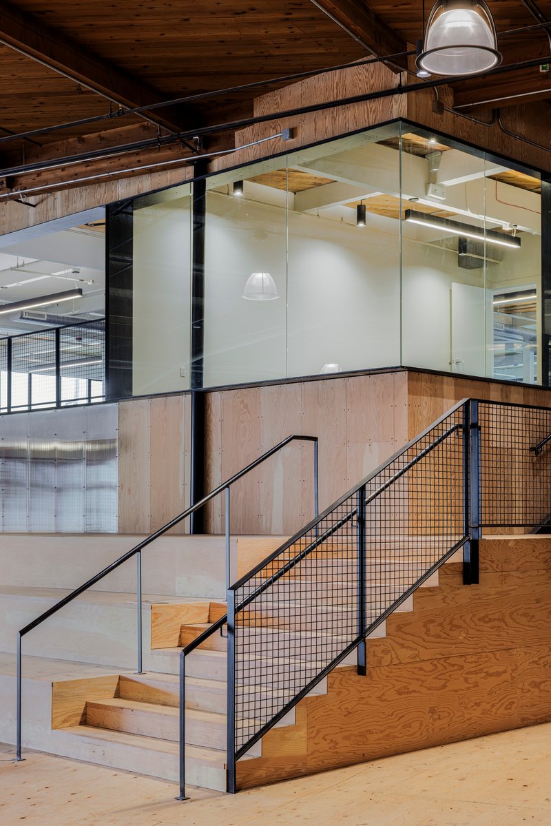 Interior staircase with plywood treads, black mesh railing and suspended glass conference room above