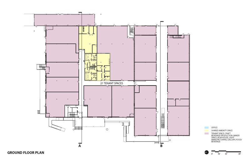 Ground floor plan drawing showing tenant spaces surrounding central core and shared amenity areas