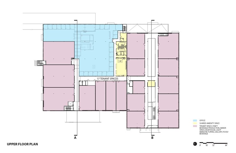 Upper floor plan drawing showing shared amenity space and tenant spaces in color-coded zones
